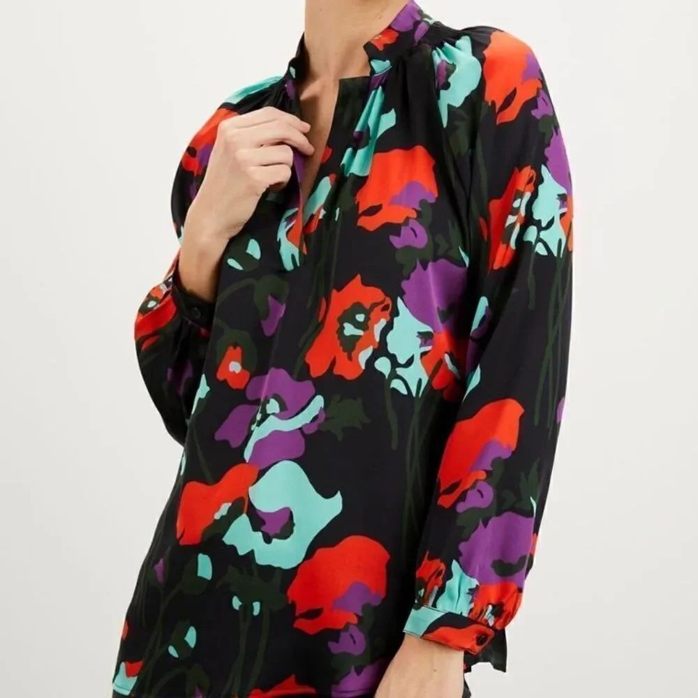 Tucker Long Sleeve Polo Blouse Dini's Twilight Floral in Stretch Georgette Silk